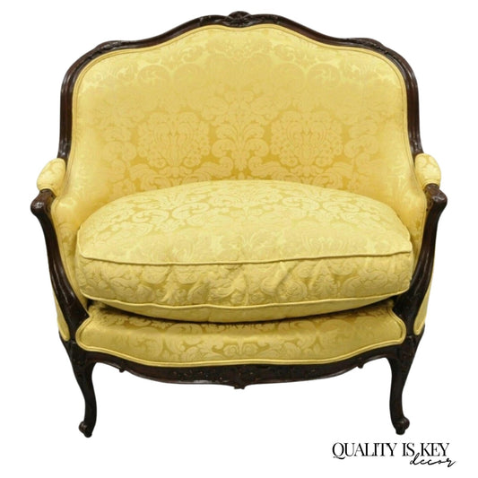 French Louis XV Style Gold Upholstered Wide Seat Lounge Chair Settee Bergere