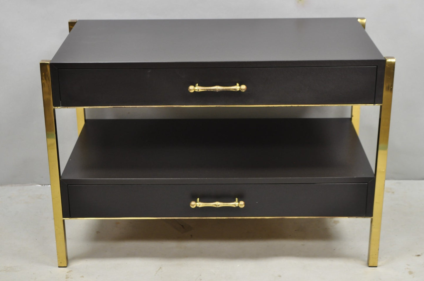 Contemporary Modern Black & Brass Faux Bamboo Nightstand Bedside Table - a Pair