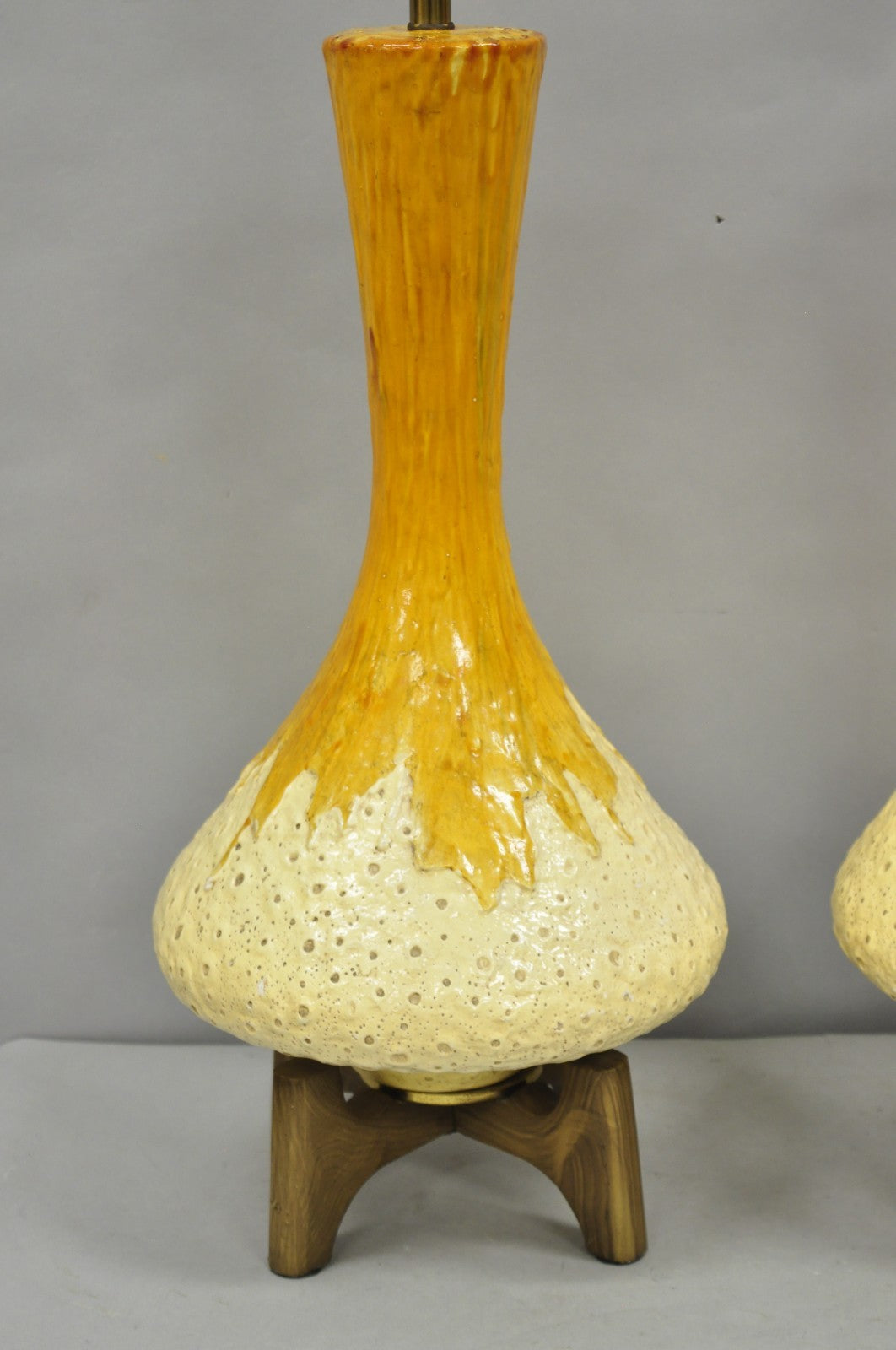 Vintage Mid Century Modern Orange Drip Glazed Ceramic Table Lamps - a Pair