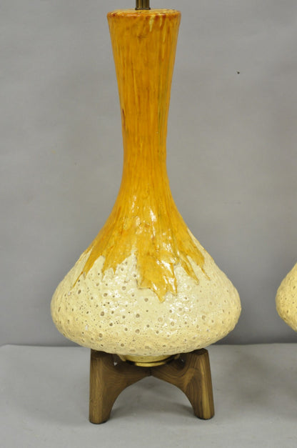 Vintage Mid Century Modern Orange Drip Glazed Ceramic Table Lamps - a Pair