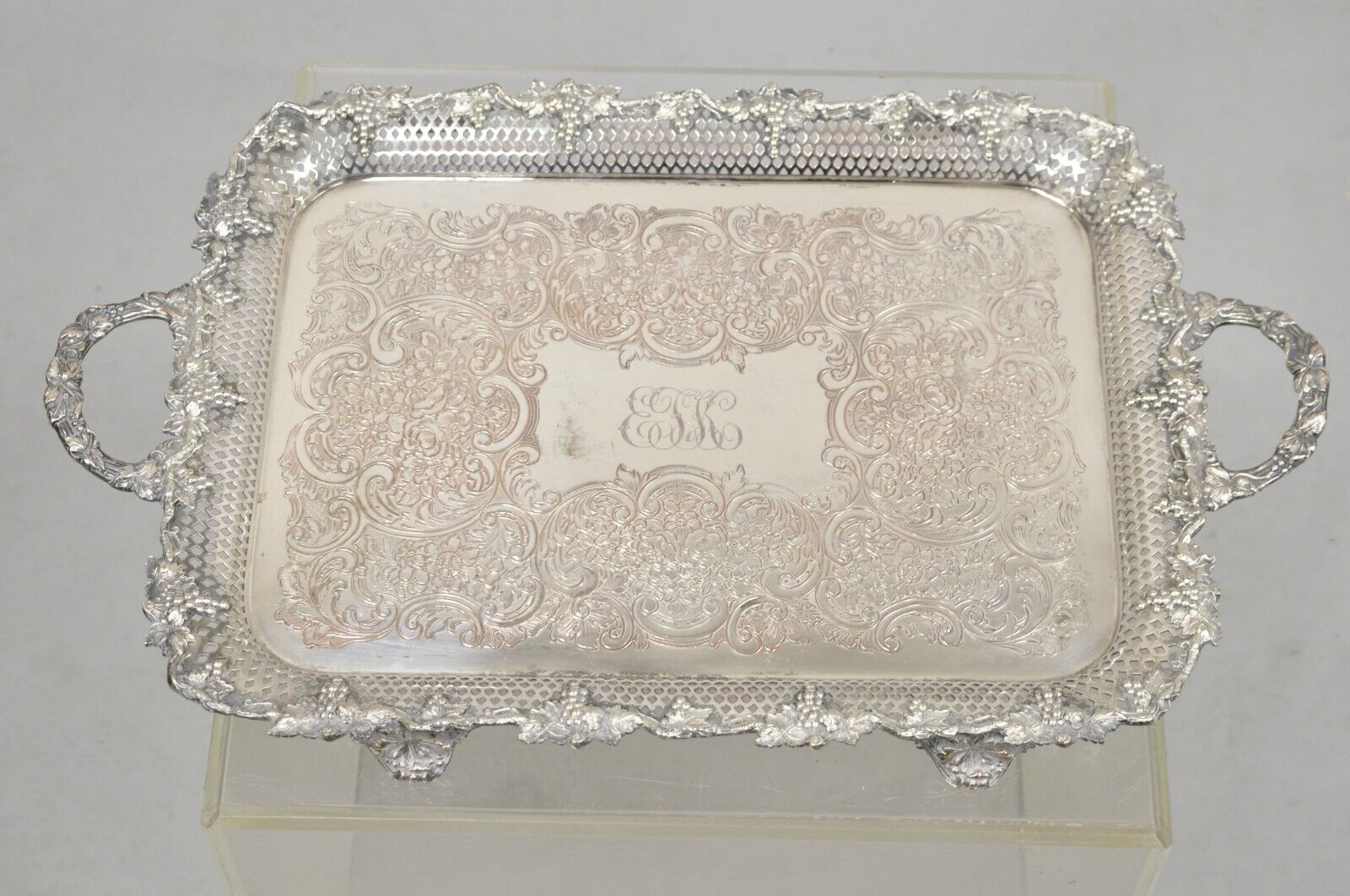 Antique Victorian Pierced Grapevine Basket Gallery Serving Platter Tray