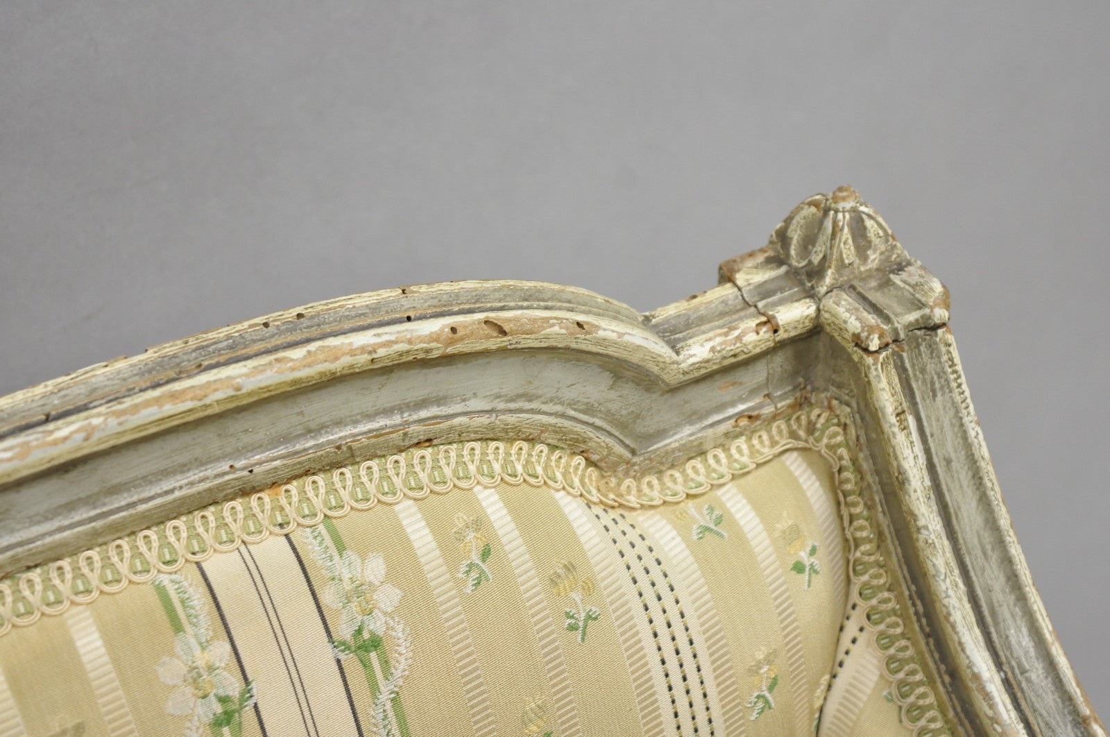 Antique French Louis XVI Style Cream Distress Painted Petite Canape Settee Sofa