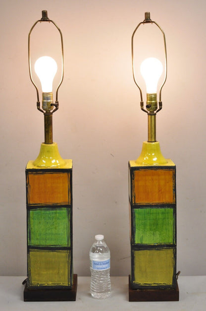 Aldo Londi Bitossi Italy Mid Century Modern Ceramic Square Vase Table Lamp Pair