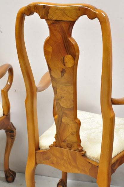 Vintage Queen Anne Style Italian Burl Patchwork Floral Inlay Arm Chairs - a Pair