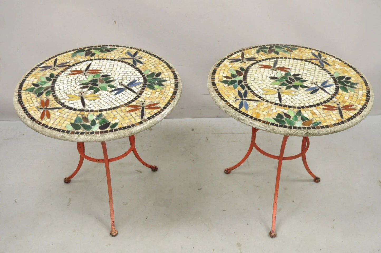 Italian Dragonfly Mosaic Tile Round Stone Top Iron Patio Side Tables - Pair