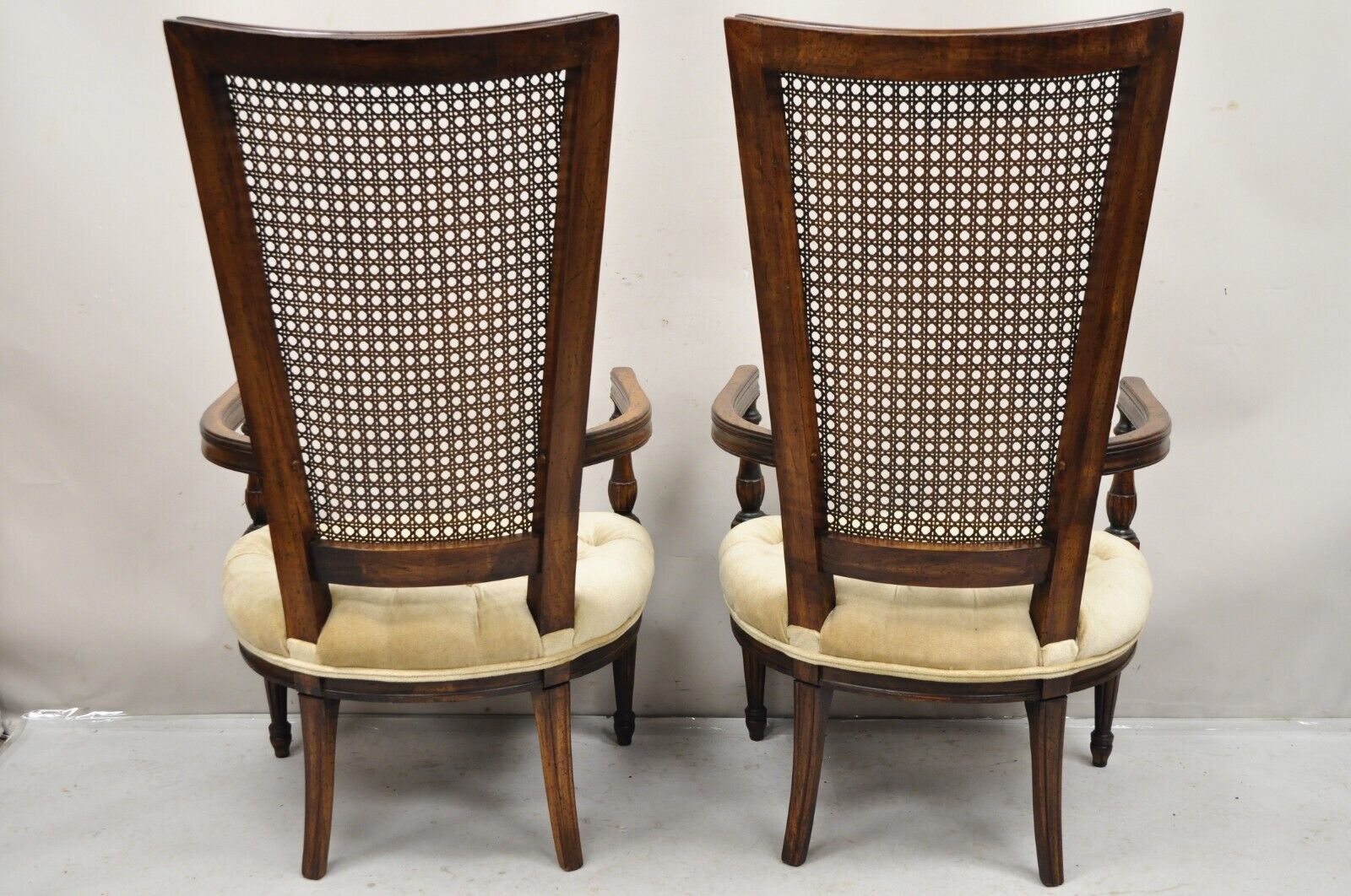 Vintage Hollywood Regency Tall Cane Back Fireside Lounge Armchairs - a Pair