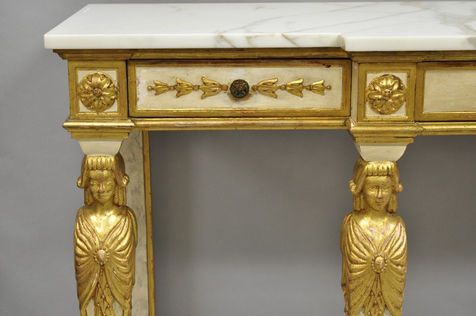 Antique Italian Neoclassical Cream & Gold Marble Top Figural Long Console Table