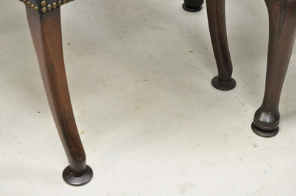 Antique English Georgian Style Dark Green Leather Library Office Chairs - a Pair