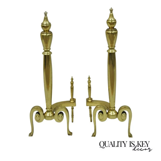 Antique French Art Nouveau Style Brass Urn Finial Fireplace Andirons - a Pair