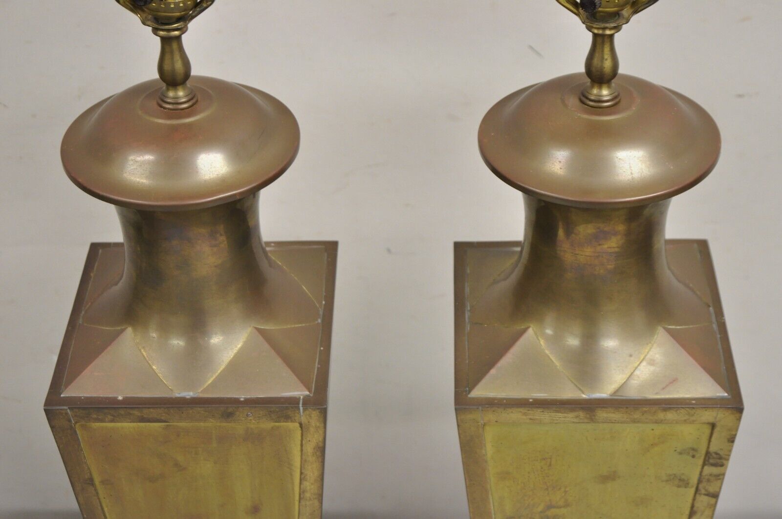 Chinoiserie Patinated Brass Square Jardiniere Table Lamp by Wildwood - a Pair