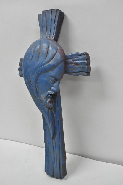 Vintage Religious Jesus Sculpted Resin Blue Mid Century Wall Crucifix Cross