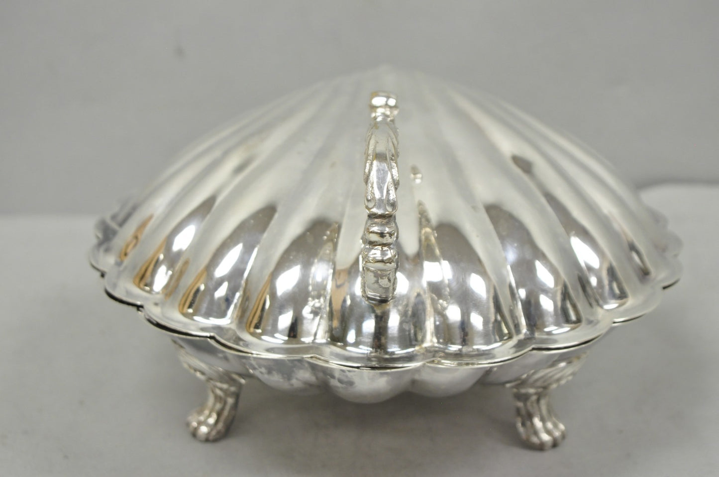 Vintage Regency Style Silver Plated Clam Shell Hinged Warmer with Floral Handle