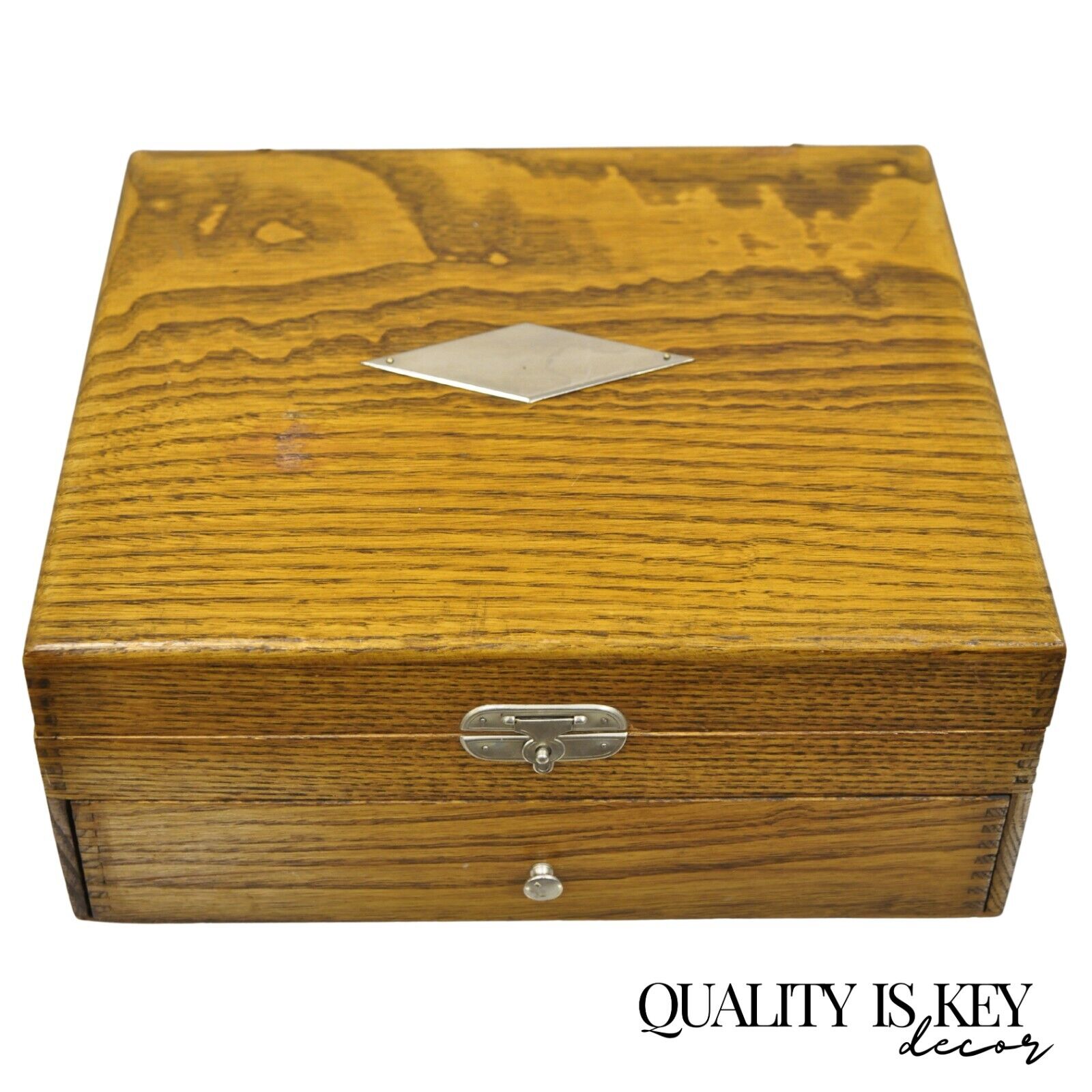 Antique WM Rogers Oak Small Flatware Silverware Storage Box with Drawer