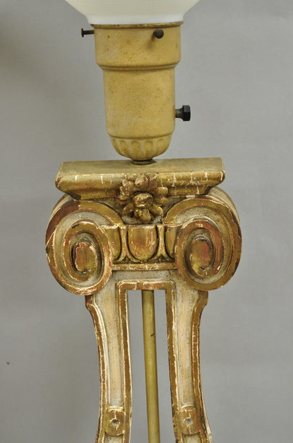 Italian Neoclassical Cream & Gold Gilt Carved Wood Harp Column Table Lamp - Pair