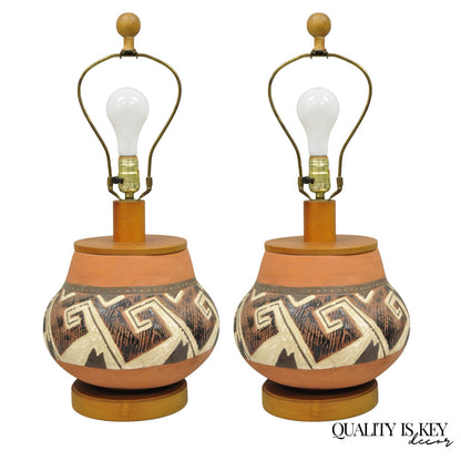 Vintage Southwestern Native American Terracotta Pottery Vase Table Lamp - a Pair