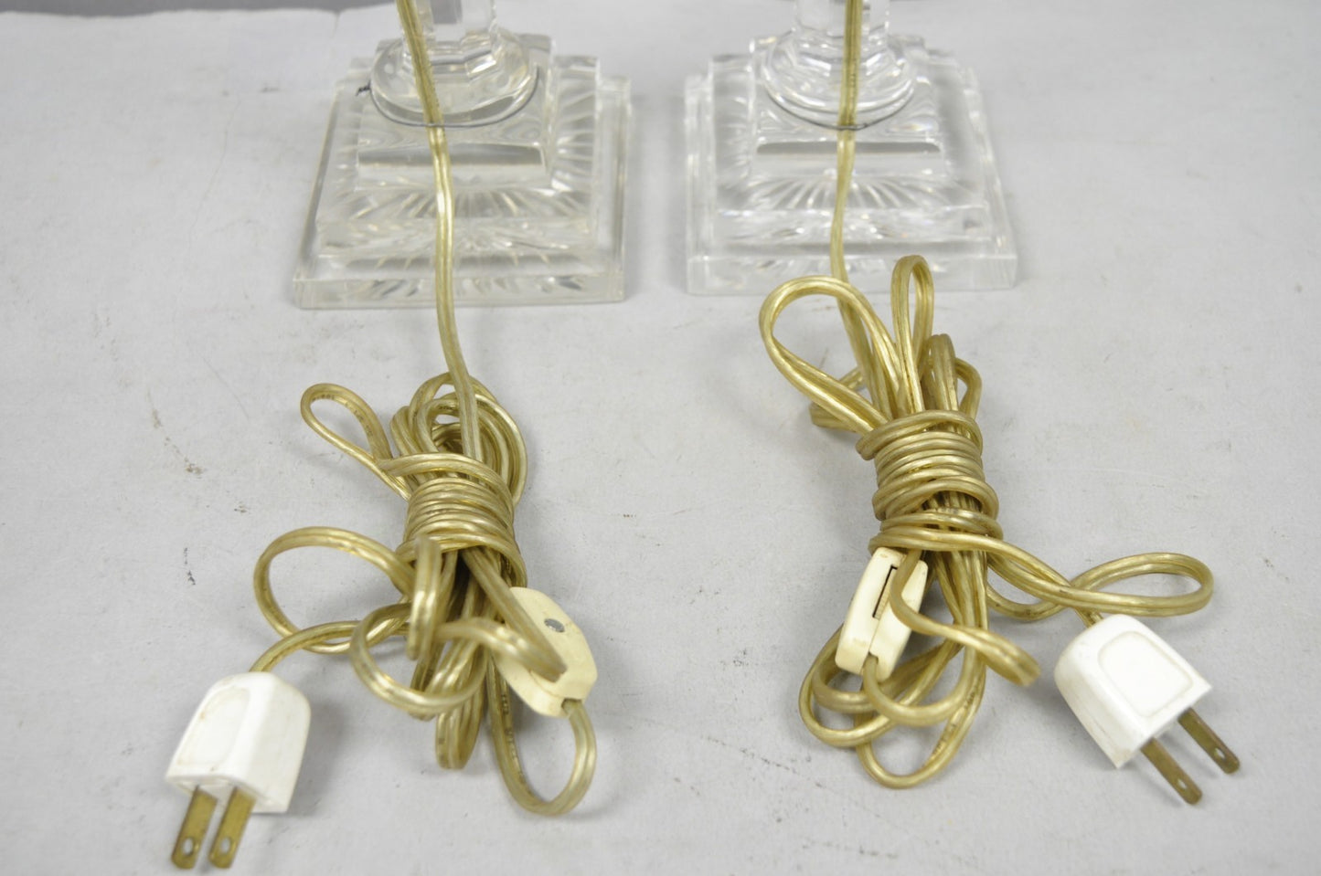 Antique Brass Corinthian Column Crystal Glass Candlestick Small Table Lamps Pair