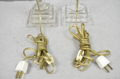 Antique Brass Corinthian Column Crystal Glass Candlestick Small Table Lamps Pair