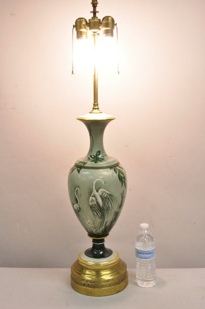 Antique French Hand Painted Porcelain "Cranes" Bird Green Urn Table Lamps - Pair