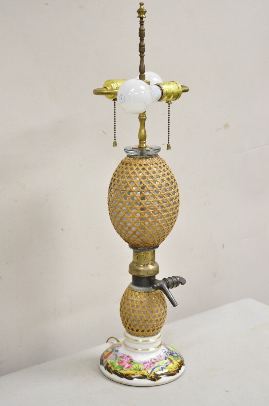 Antique French Victorian Rattan Wrapped Blown Glass Seltzer Bottle Table Lamp