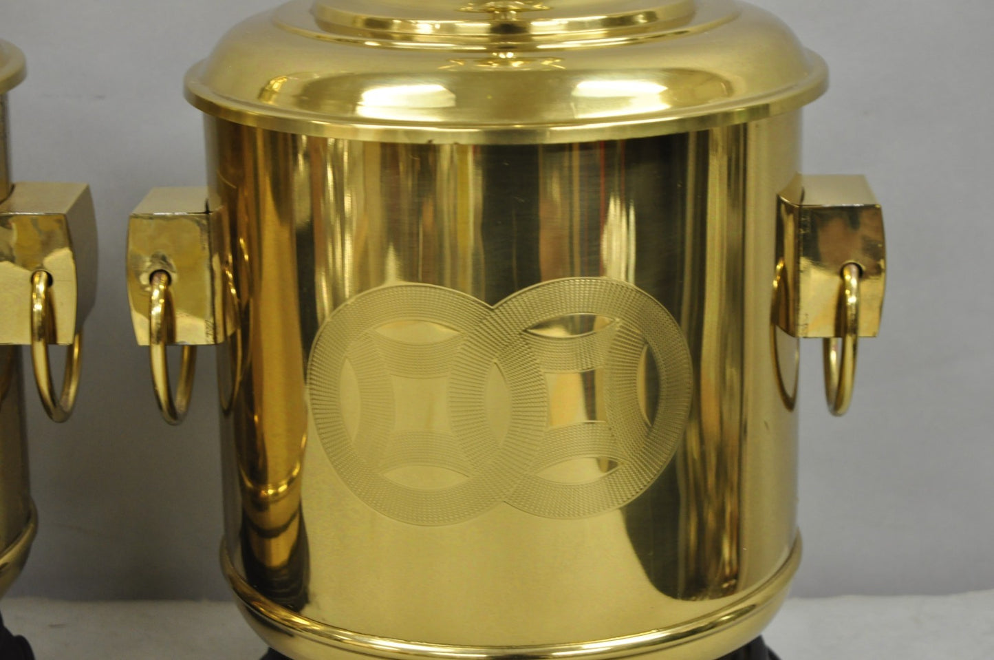 Vintage Frederick Cooper Chinoiserie Double Happiness Brass Drum Table Lamp Pair
