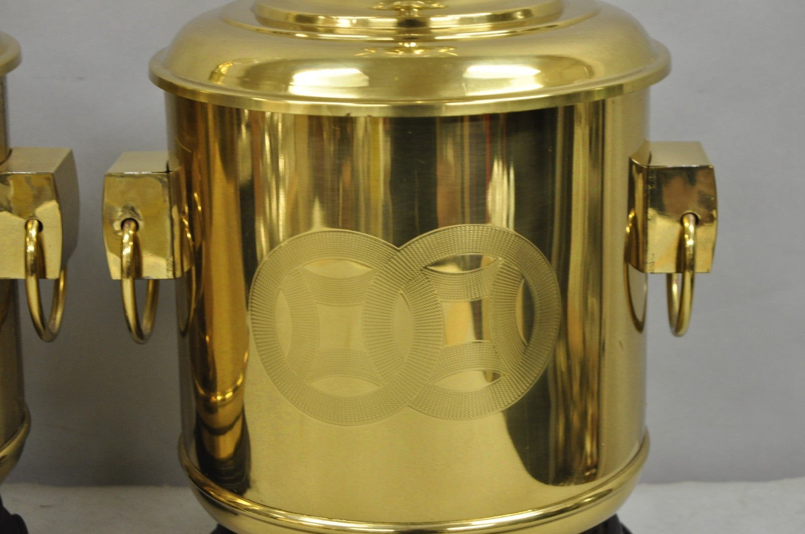 Vintage Frederick Cooper Chinoiserie Double Happiness Brass Drum Table Lamp Pair