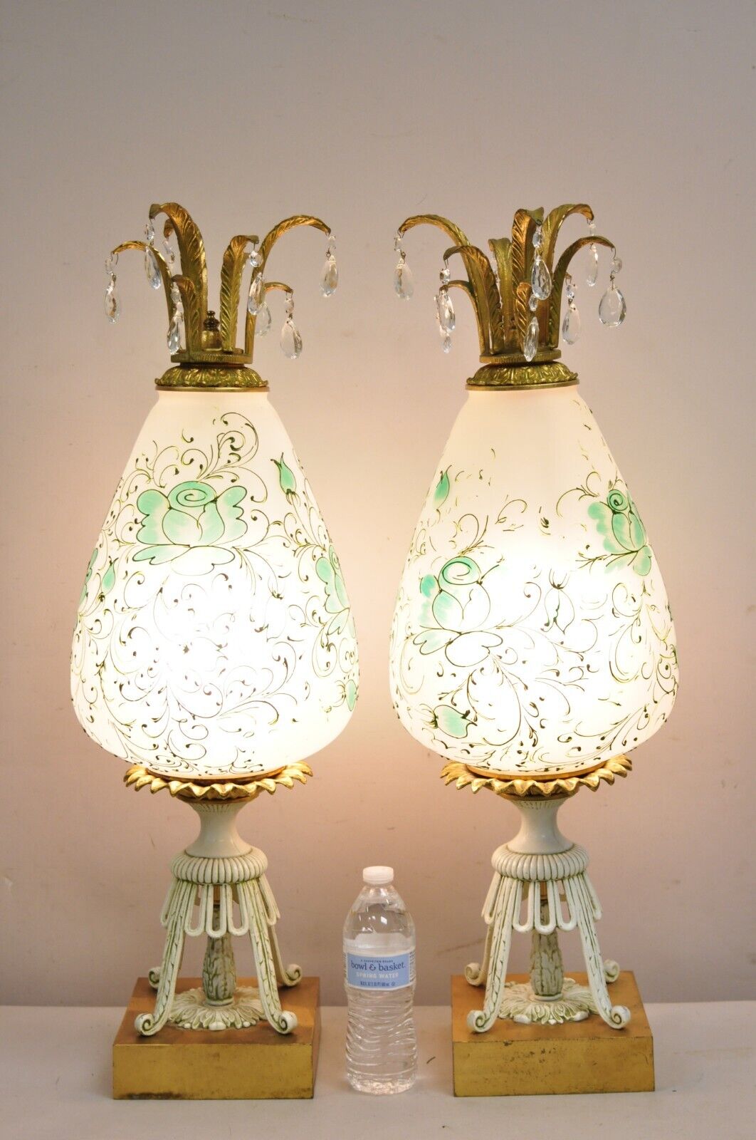 Vintage Italian Hollywood Regency Glass Pineapple Gold Metal Table Lamps - Pair