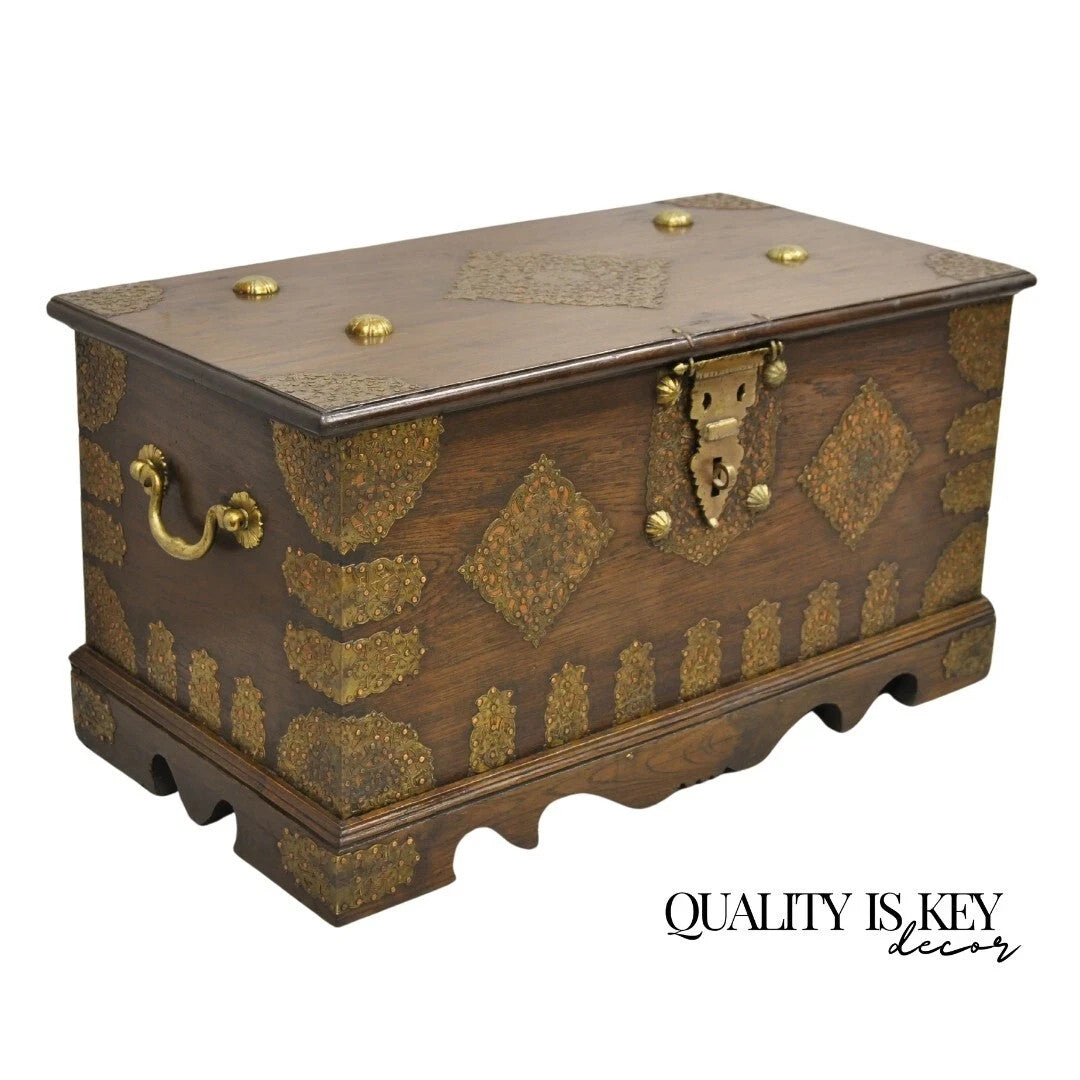 Antique Anglo Indian Oak Wood & Brass Mounted Syrian Coffer Blanket Chest Trunk