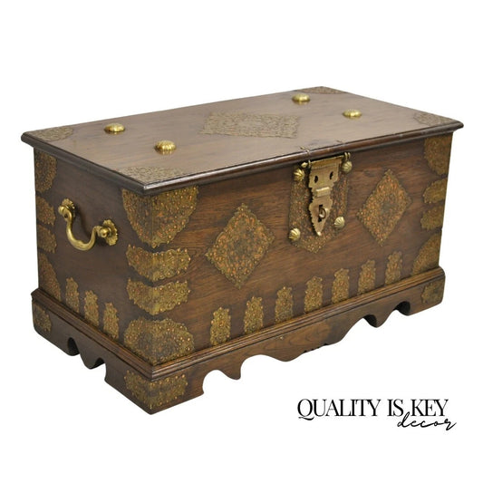 Antique Anglo Indian Oak Wood & Brass Mounted Syrian Coffer Blanket Chest Trunk
