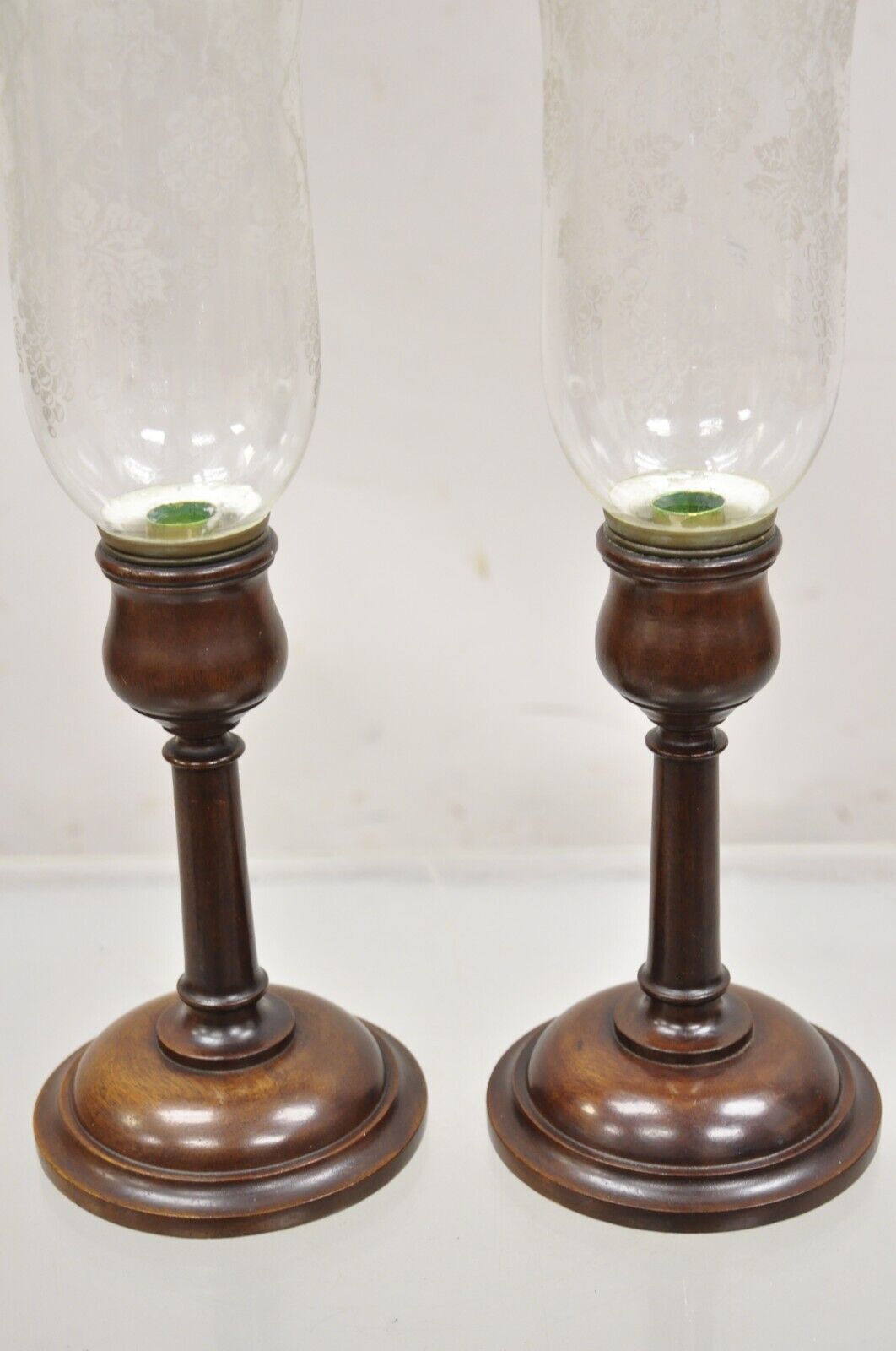 Antique English Regency Mahogany Hurricane Glass Shade Candle Holders - a Pair