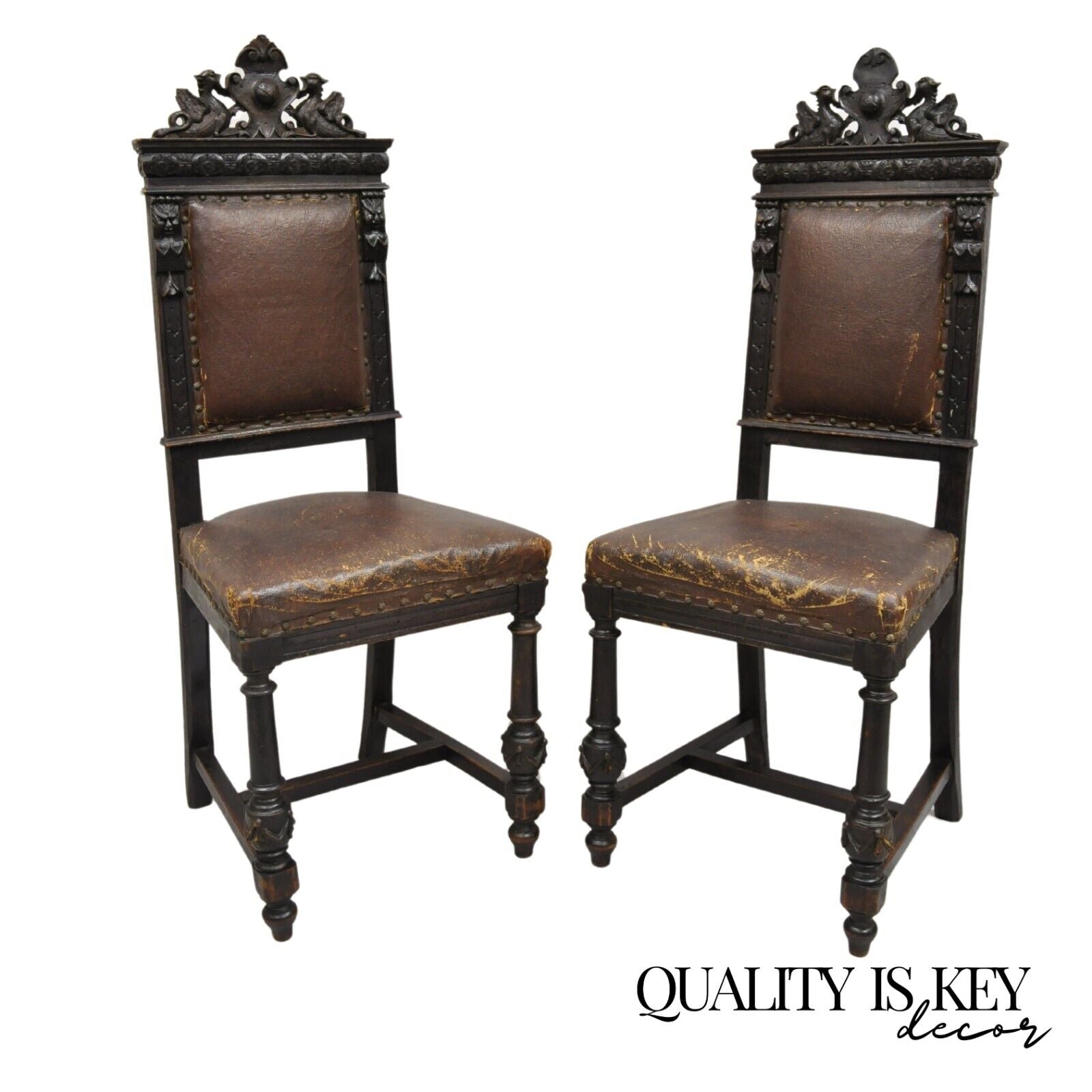 Antique Spanish Renaissance Carved Oak Wood Figural Leather Side Chairs - a Pair