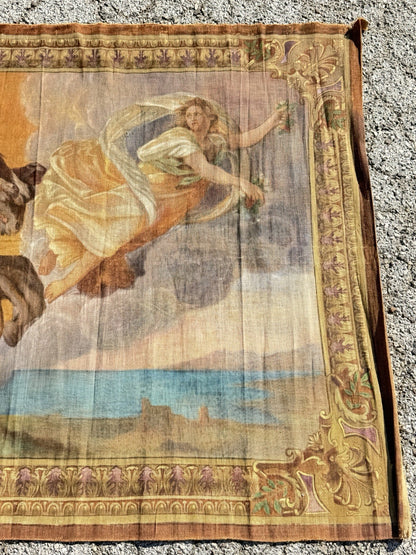 19th C. French Toile Peinte Hand Painted 112" Tapestry after Reni "The Aurora"