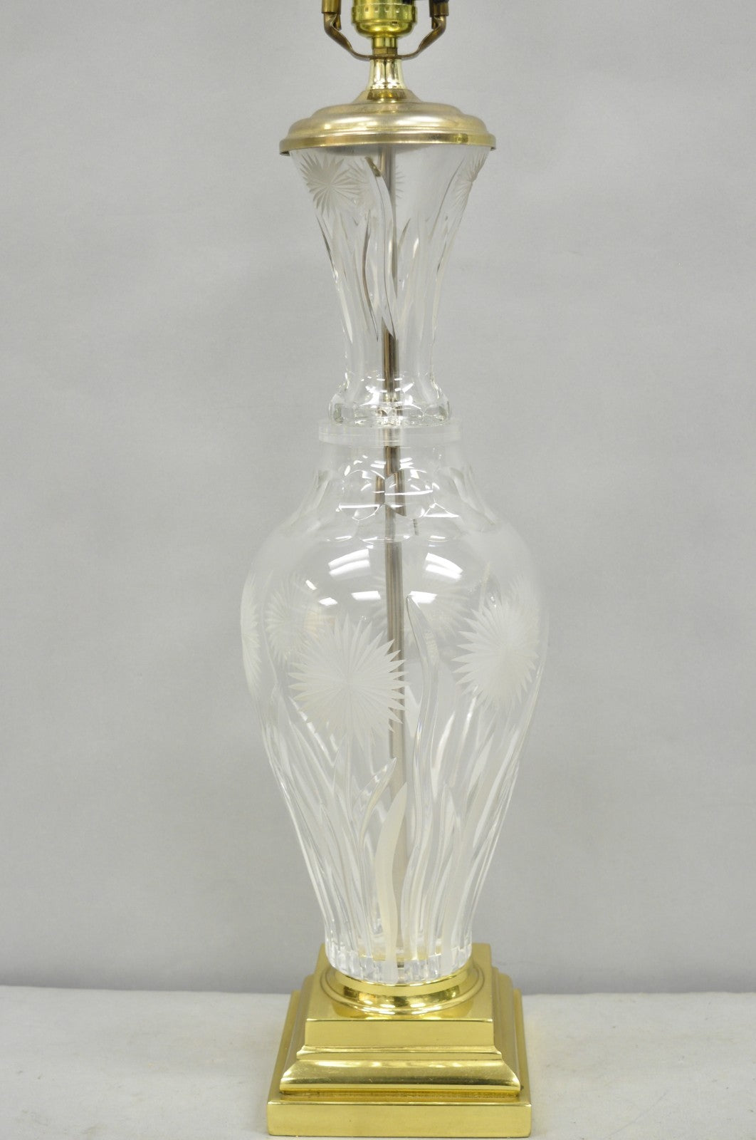 Vintage French Style Cut Crystal Glass Etched "Tulip Flower" Brass Table Lamp
