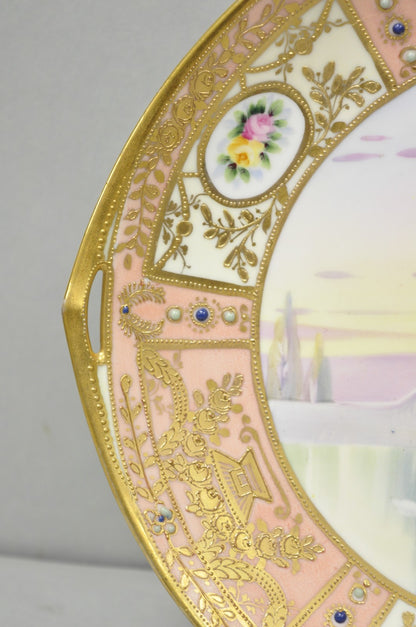 Antique Nippon Hand Painted Porcelain Gold Gilt Swan & Lake Scene Cabinet Plate