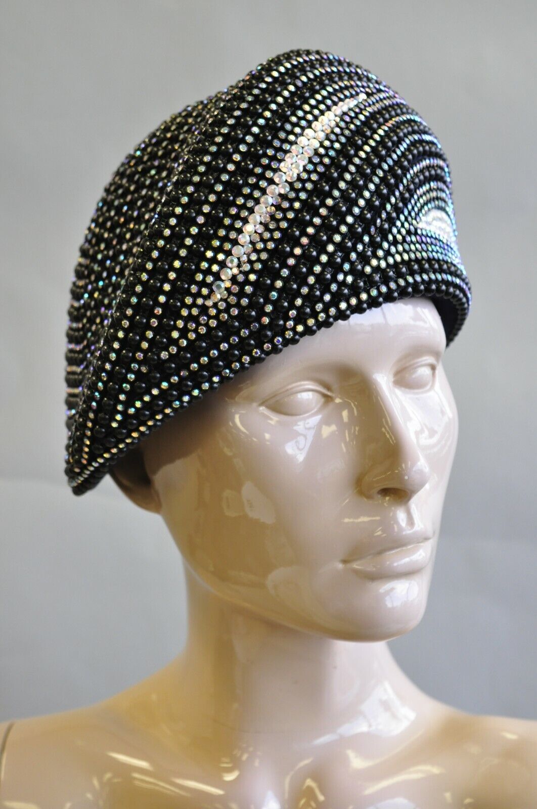 Vintage Bina Fashion Hats Black Iridescent Beaded Bejewel Derby Crown Beret Hat