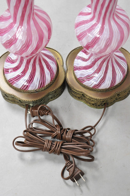 Vintage Italian Latticino Murano Pink Ribbon Swirl Glass Small Table Lamp - Pair