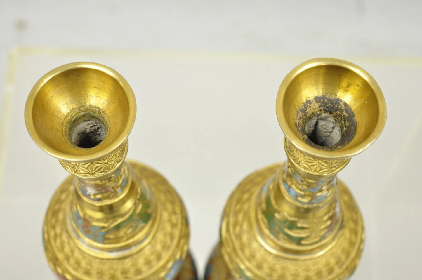 Vintage Japanese Cloisonne Enamel 13" Brass Bronze Candlestick Lamp Base - Pair