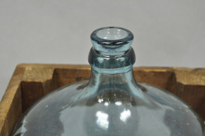 Vintage Great Bear Blue 5 Gallon Glass Carboy Jug in Wooden Crate