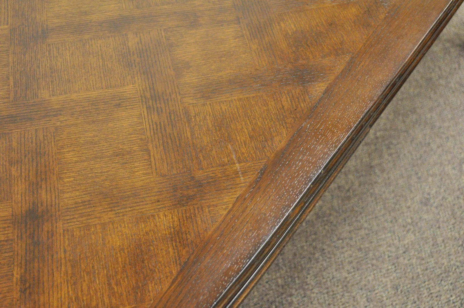 Vintage French Country Oak Parquetry Inlay Refectory Extension Leaf Dining Table