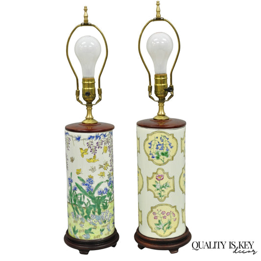 Vintage Chinoiserie Porcelain Cylinder Floral Painted Oriental Table Lamps, Pair