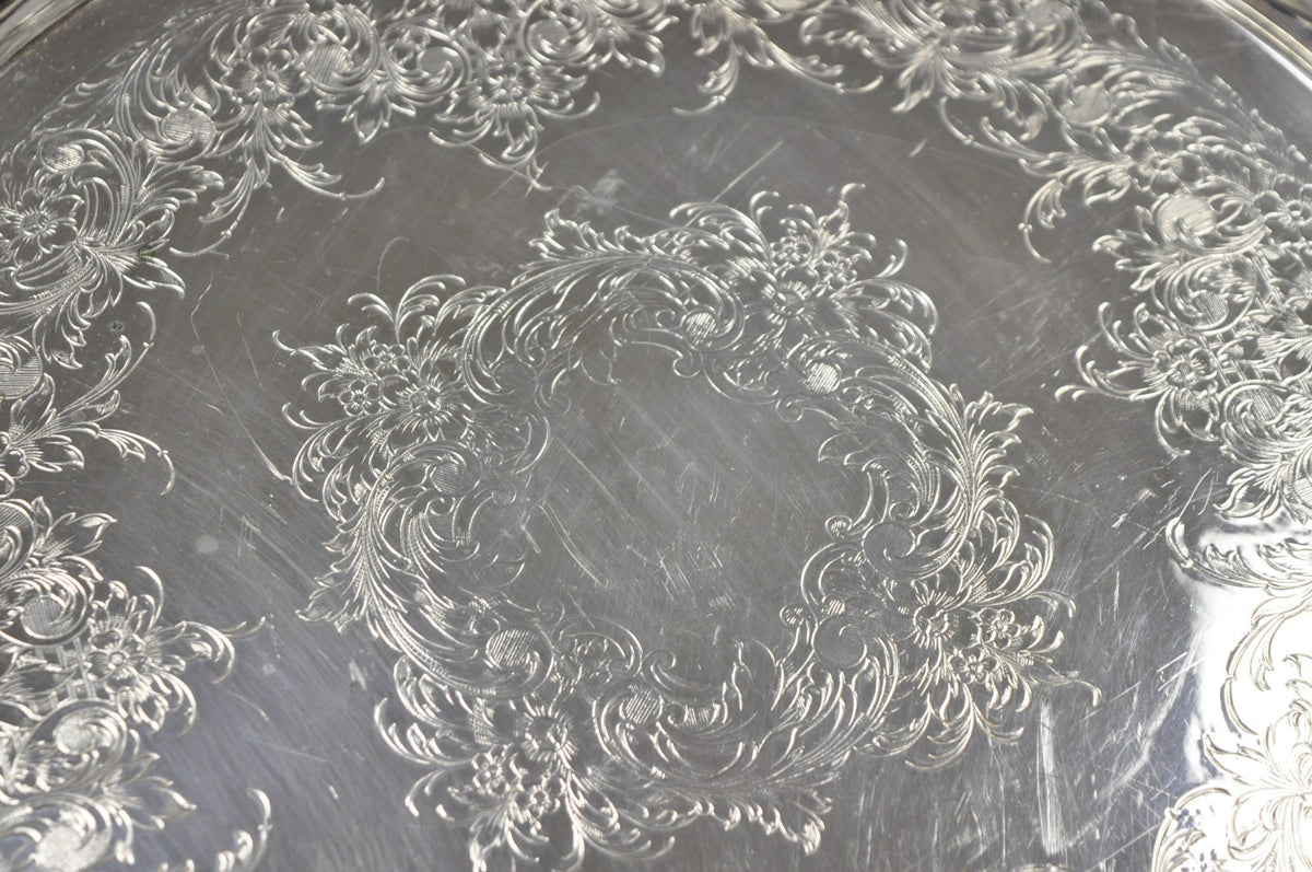 Vintage Wilcox Victorian Silver Plated Round Ornate Footed Salver Serving Tray