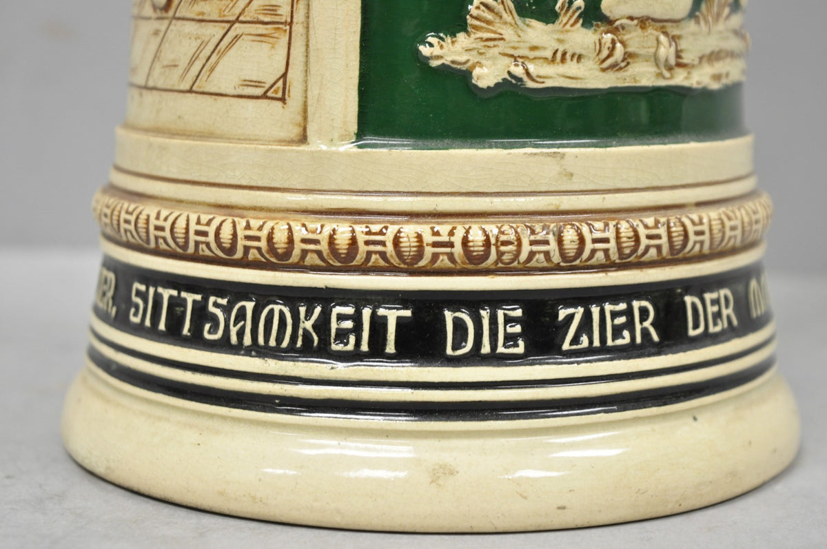 Antique German XL 20" Tall Figural Green Stoneware Beer Stein Tankard Mug w/ Lid