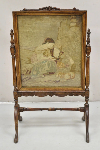 Antique French Victorian Carved Walnut and Needlepoint Fireplace Screen
