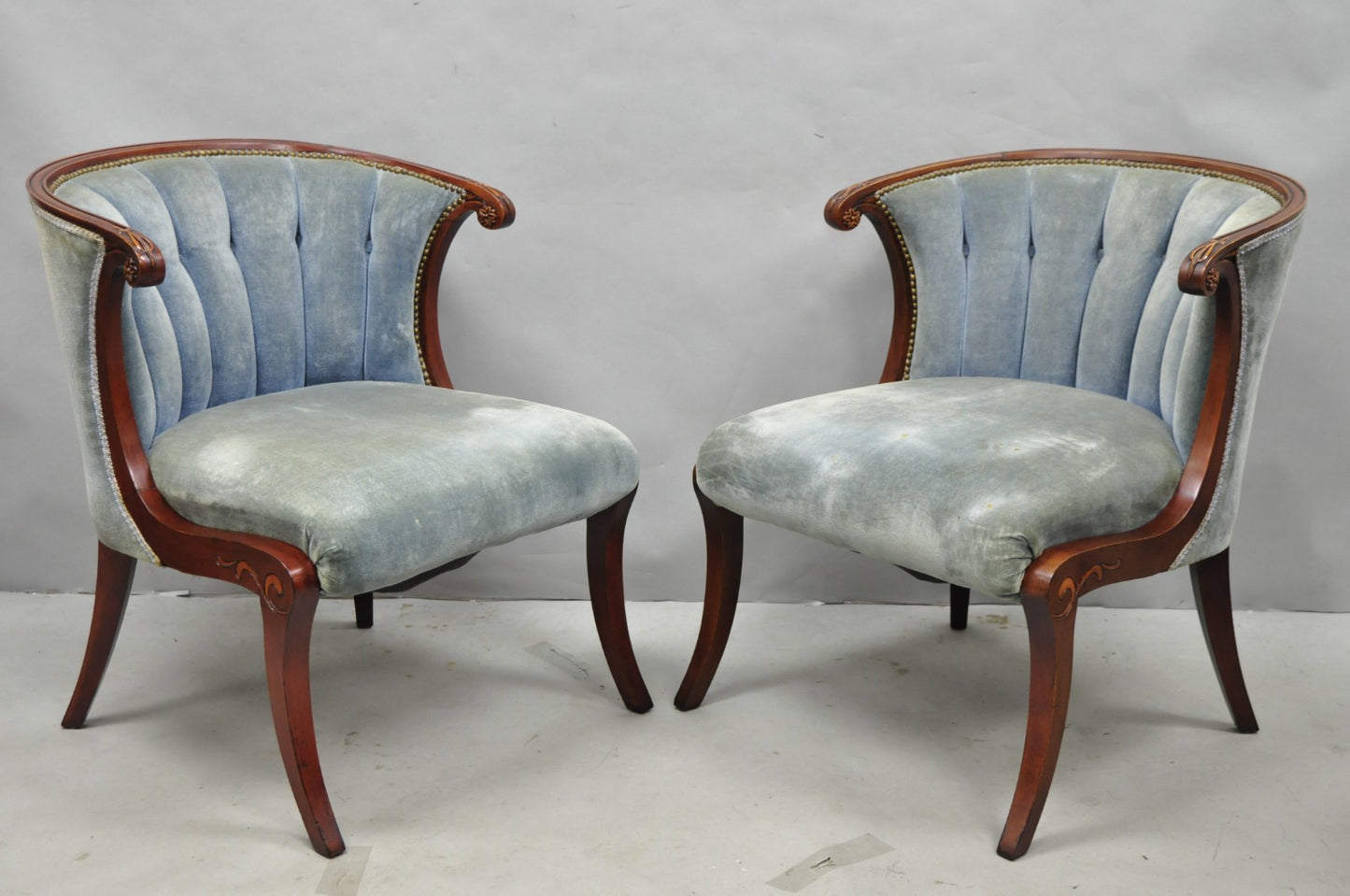 Vintage French Hollywood Regency Mahogany Saber Leg Parlor Lounge Chair - a Pair
