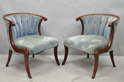 Vintage French Hollywood Regency Mahogany Saber Leg Parlor Lounge Chair - a Pair