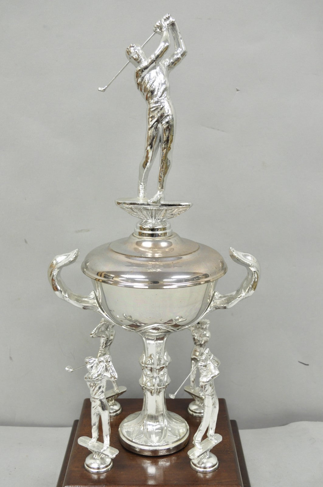Vintage 1970s Silver Metal & Wood Figural Golf Trophy Award Cup John Sanzari