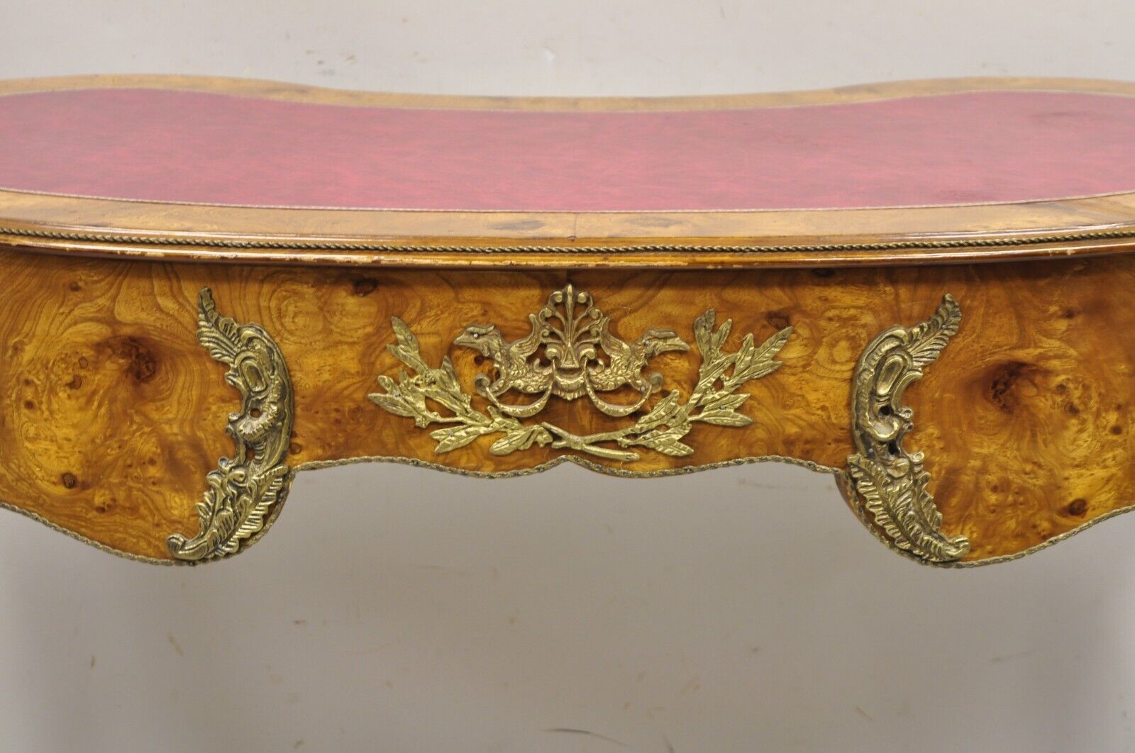 French Louis XV Style Kidney Shaped Leather Top Bronze Mounted 3 Drawer Desk