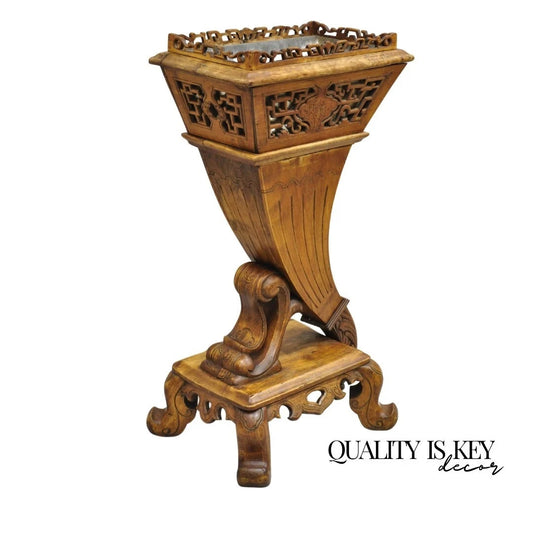 Vintage Fretwork Carved Teak Wood Chinese Cornucopia Plant Stand Planter