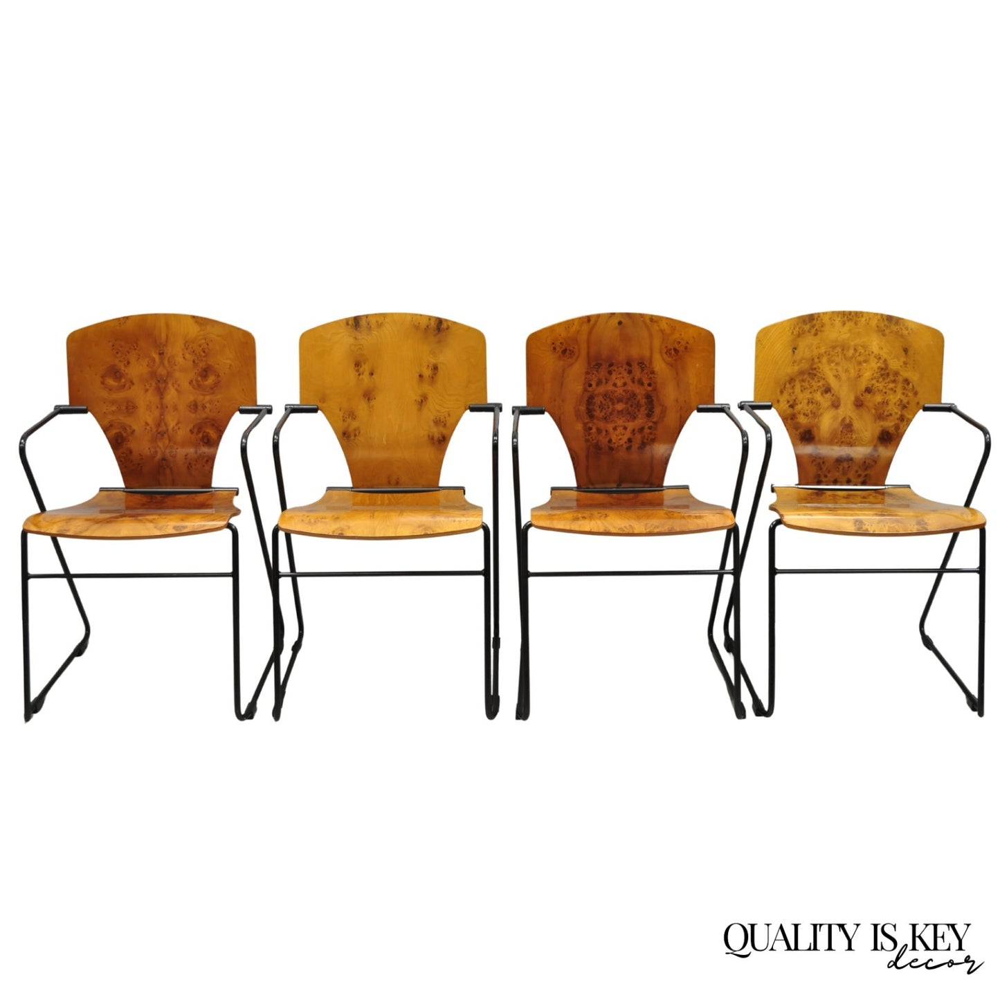 Josep Mora for Egoa Model 300 Mid Century Modern Burl Wood Arm Chair - Set of 4
