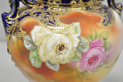 Antique Nippon Hand Painted Floral Design Cobalt Blue Porcelain Bolted Urn Vase