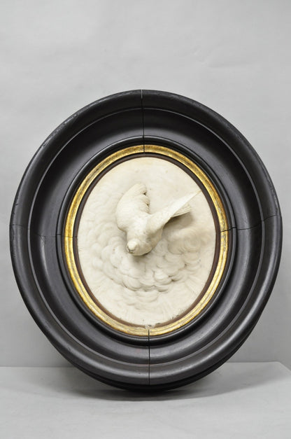 Antique Victorian Large Italian Oval Marble Relief Carved Dove Bird Wall Plaque